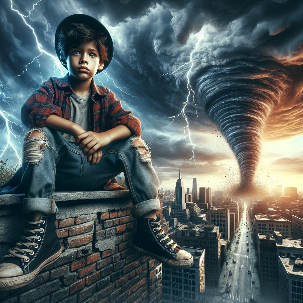 Boy on Wall with Approaching Storm: Maximalist Digital Art