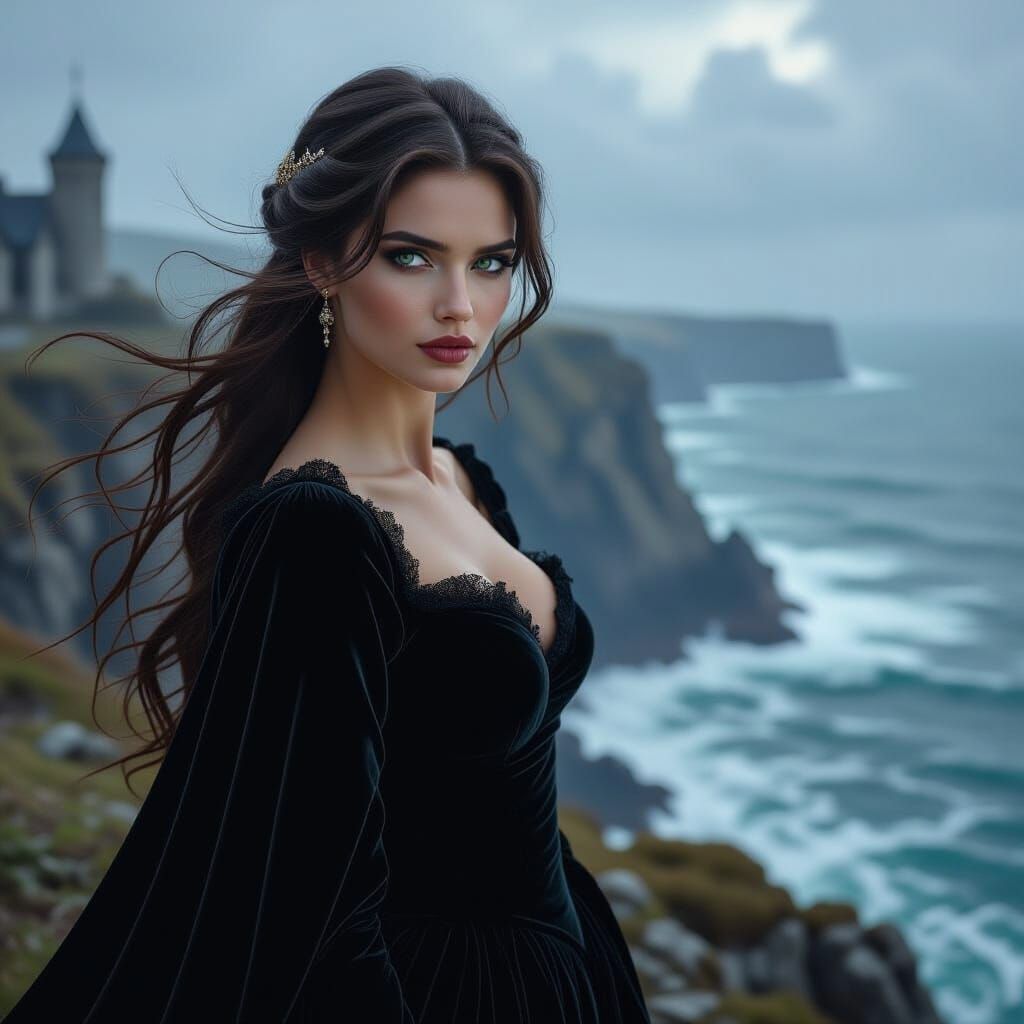 Noblewoman on Cliff in Photorealistic Style