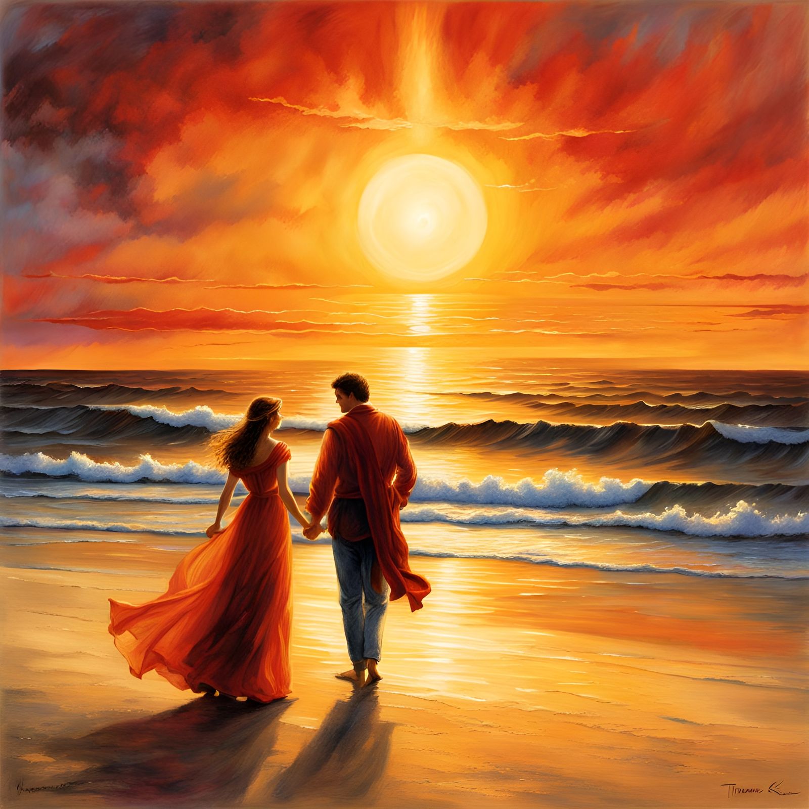 Lovers on the Beach in Radiant Golden Light