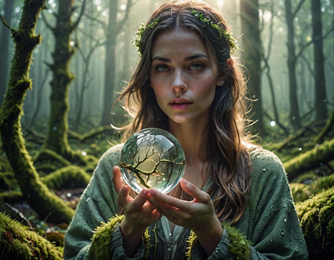 Woman with Glowing Orb in Misty Forest