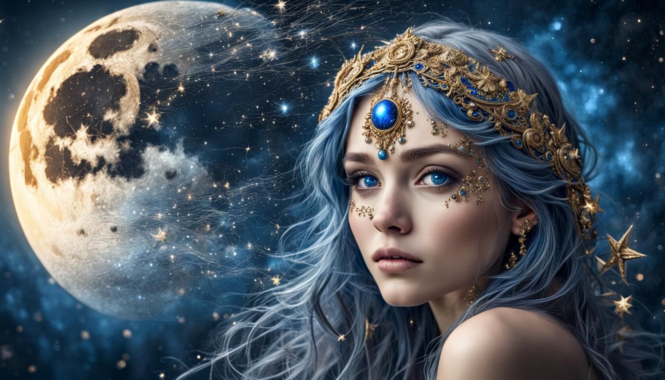Cosmic Fantasy Portrait with Gold Hair and Blue Eyes