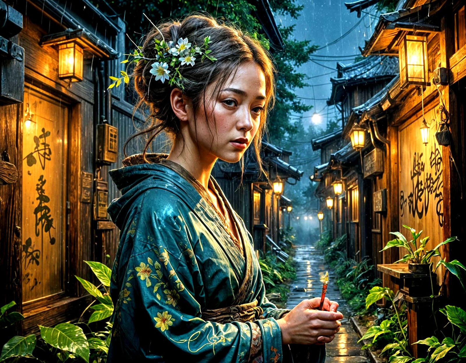 Rustic Japanese Pastoral Scene in Dynamic Rain Night