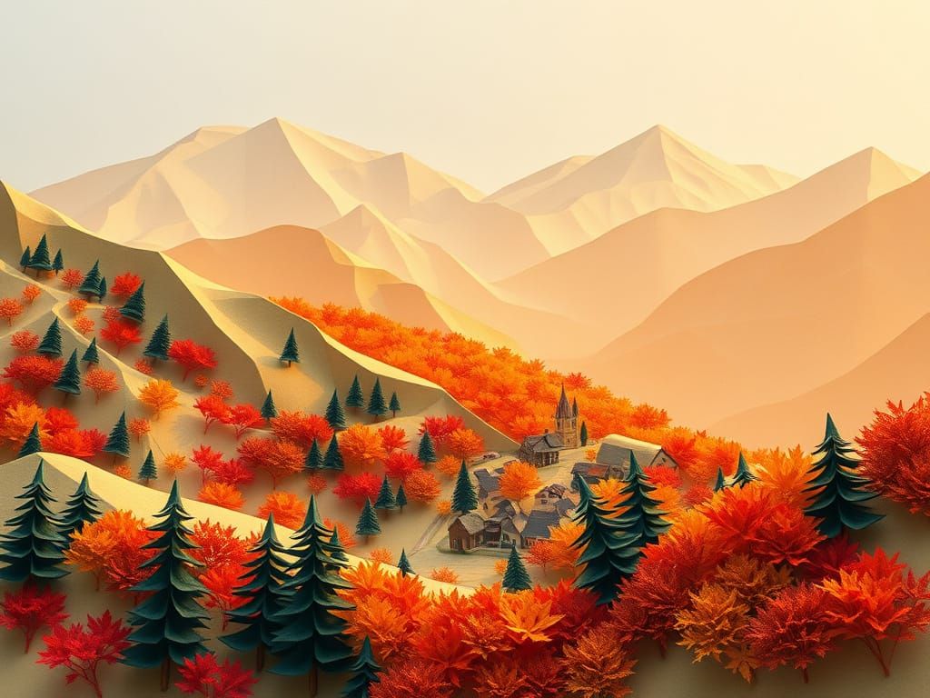 Origami Alpine Autumn Landscape in Golden Light