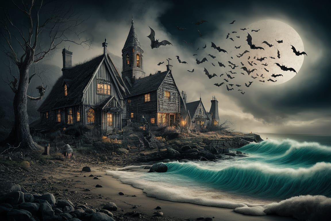 Eerie Haunted Village with Rainbow Faux Fur Throw