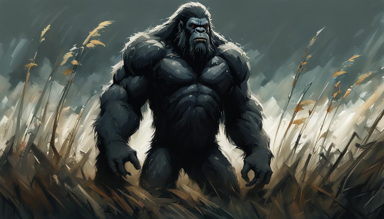 Muscular Sasquatch in Tall Grass: Detailed 8k Illustration