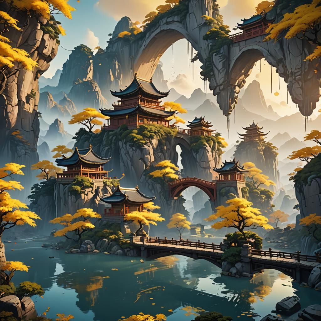 Floating Islands in Chinese Anime Landscape at Sunrise