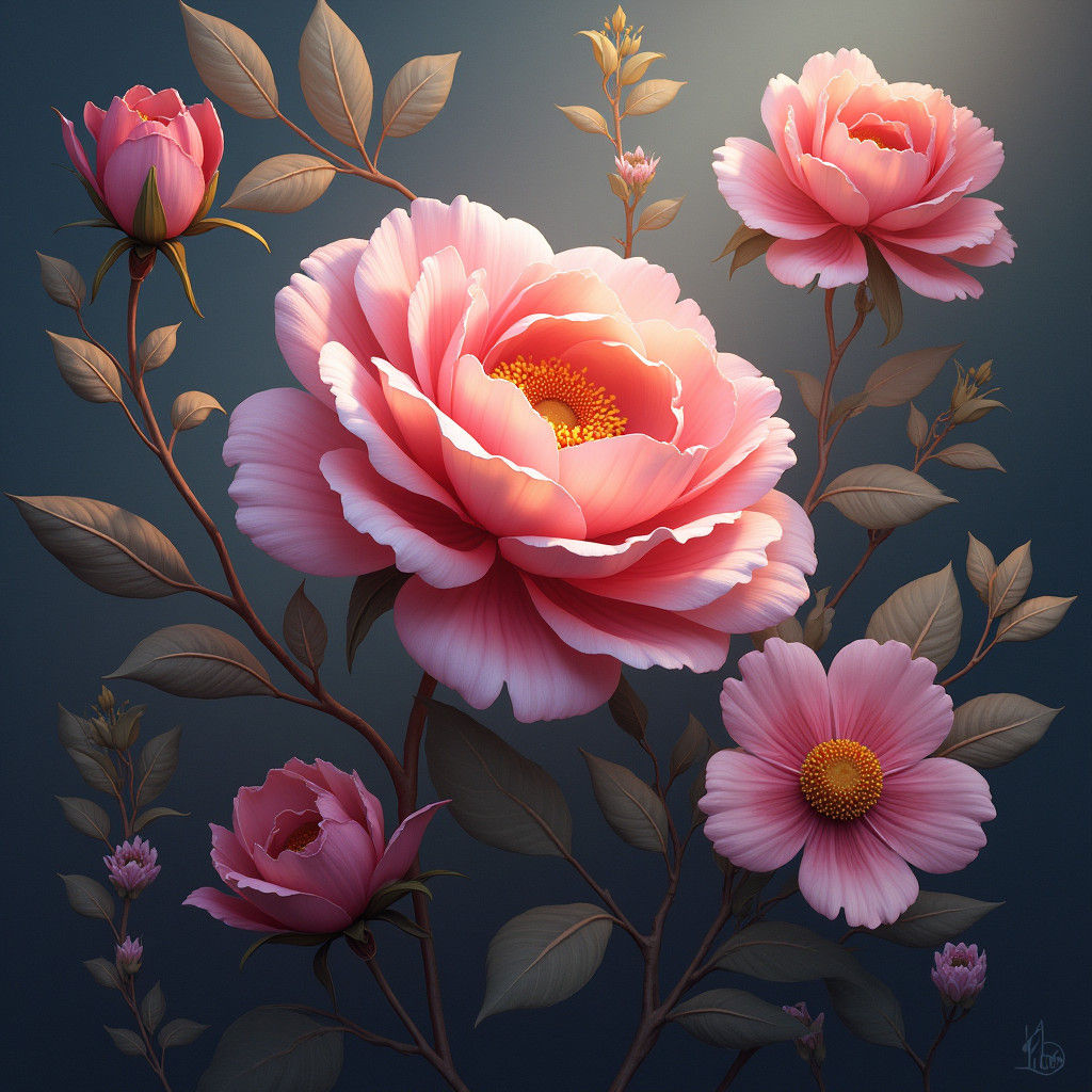 Detailed Floral Arrangement in Deep Color, Digital Art