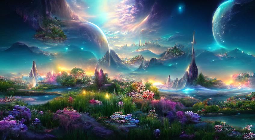 Iridescent Fantasy Landscape with Luminous Sun