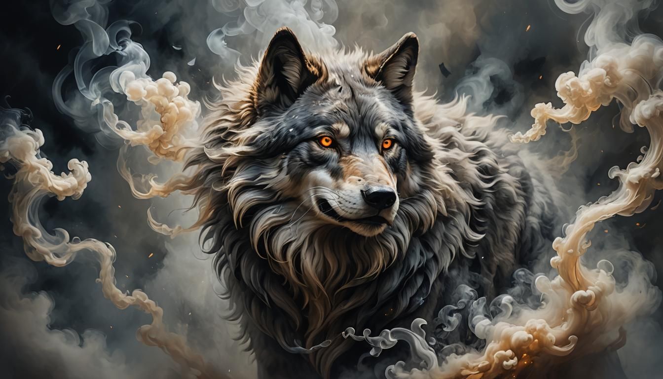 Ornate Smoke Wolf Portrait in Oil Painting Style
