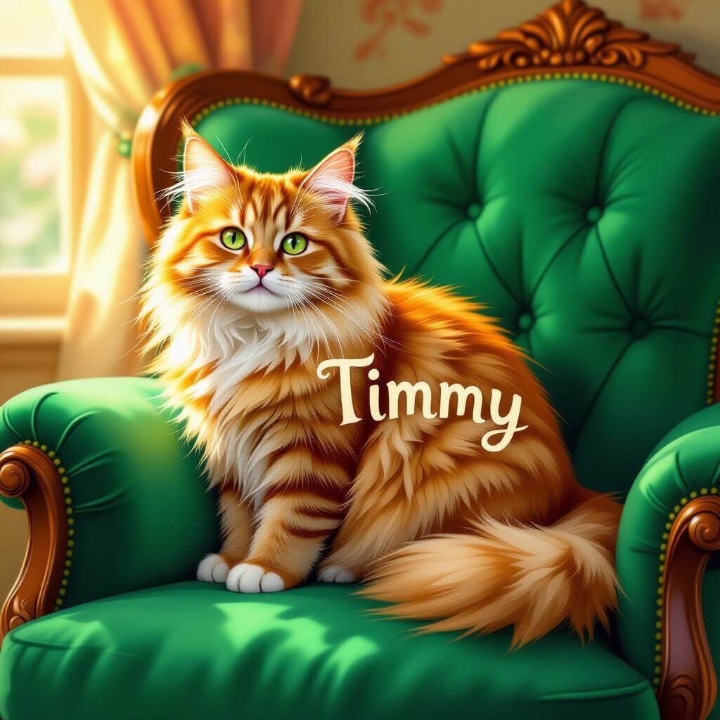 Fluffy Ginger Cat Timmy on Velvet Cushion