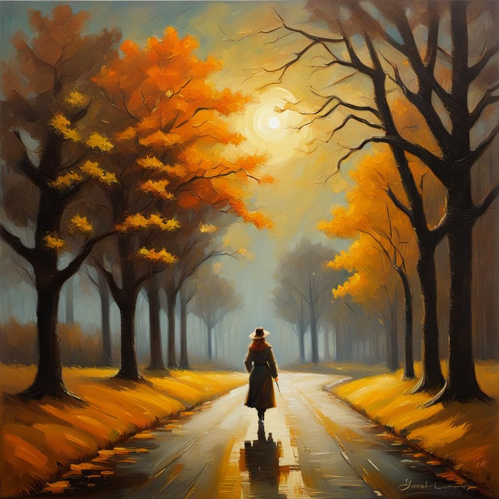 Girl Walking on Moonlit Autumn Road: Oil Painting