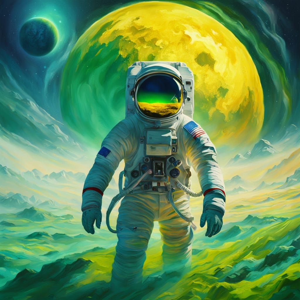 Ukrainian Astronaut Unfurls Flag on Vibrant, Surreal Planet