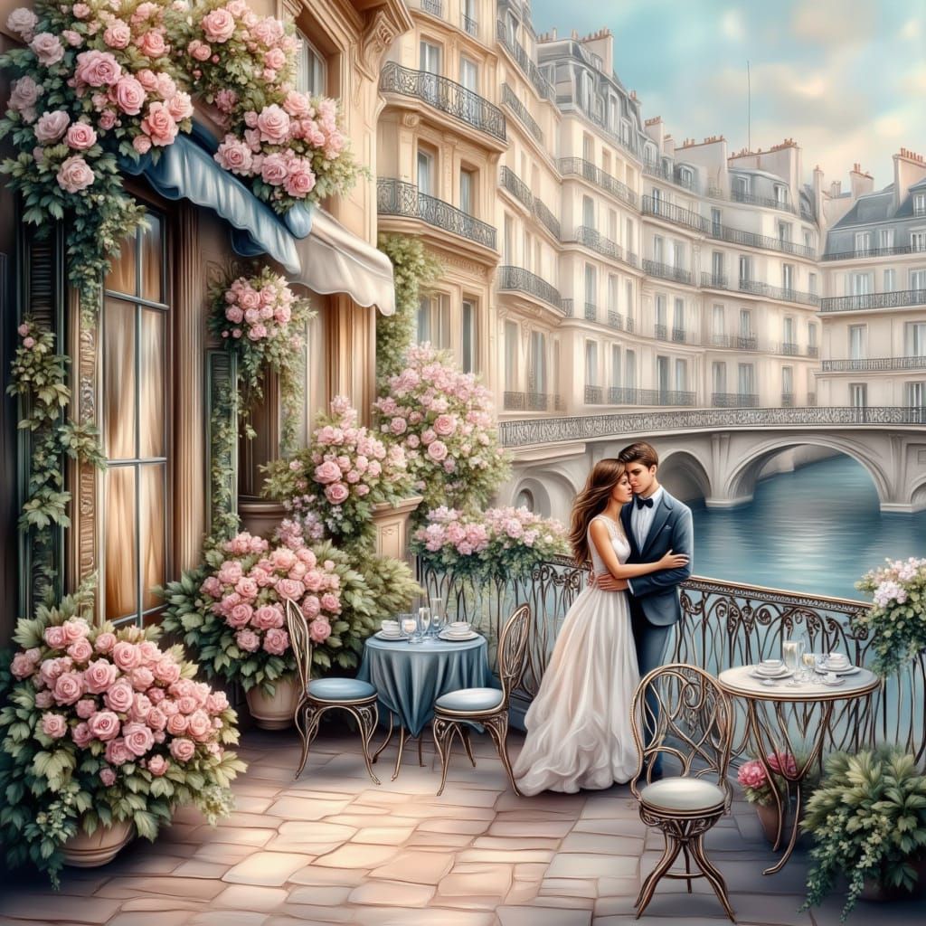 Romantic Couple in Paris: Impressionist Terrace Scene