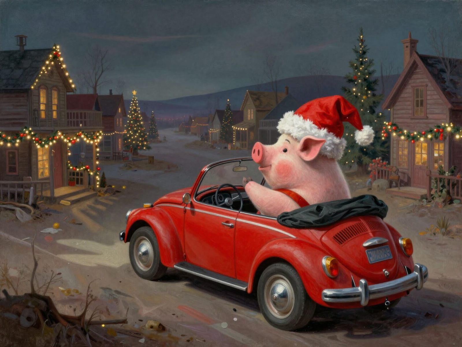 Whimsical Pig Drives Convertible Past Christmas Ghost Town