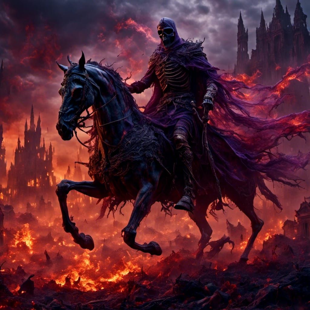 Skeletal Horseman on Smoldering Battlefield in Dark Fantasy