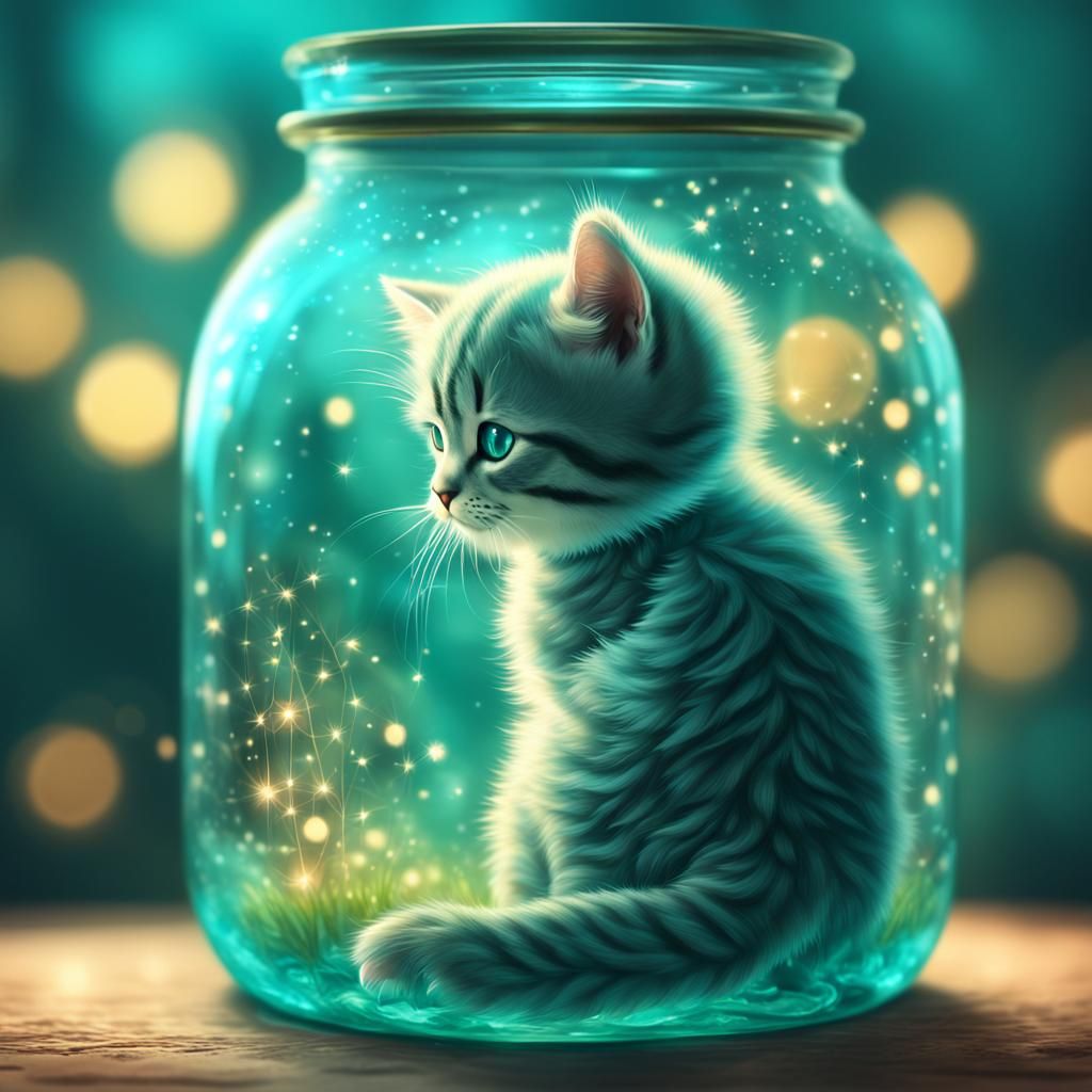 Cute Kitten in Glass Jar with Bokeh