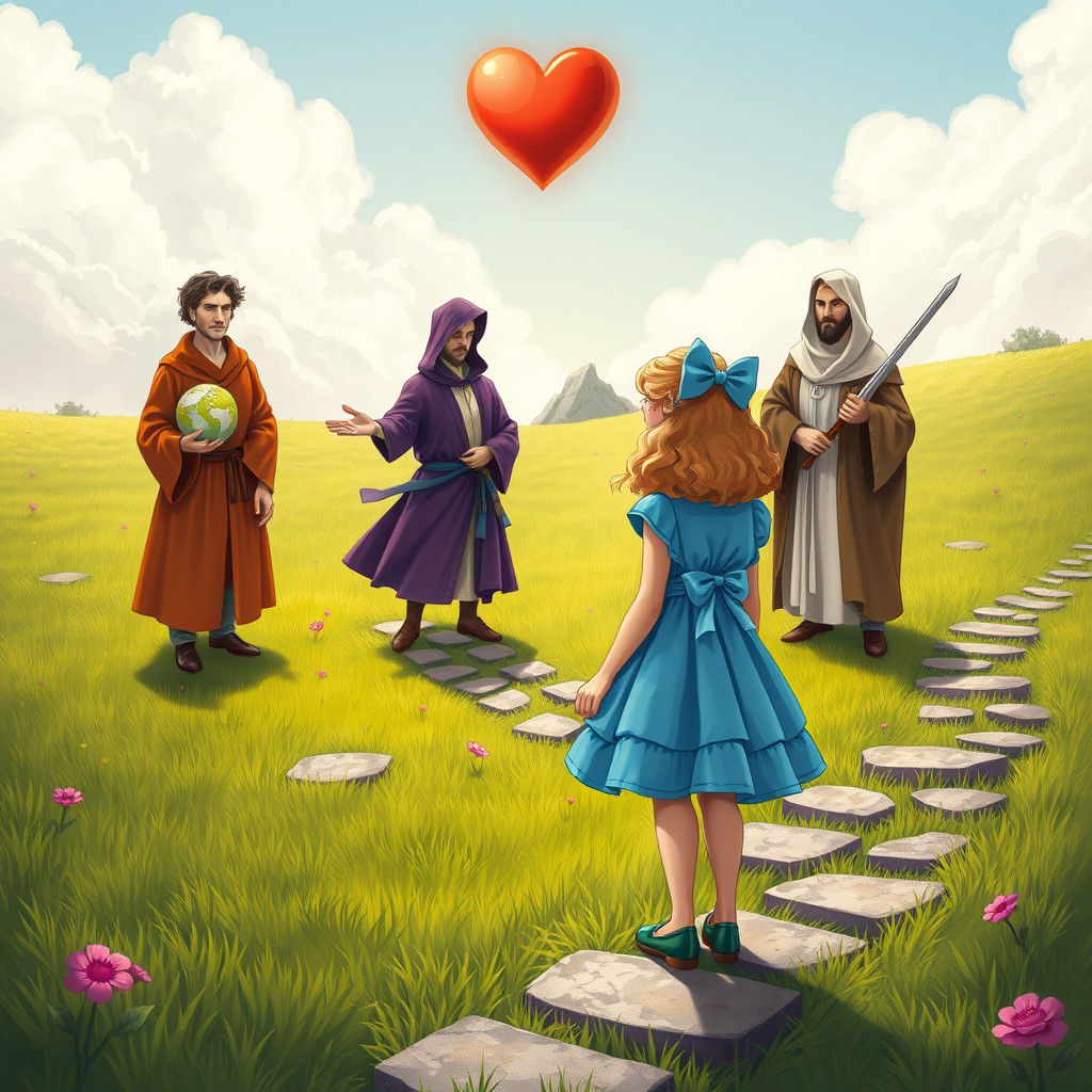 Alice's Curious Encounter in a Vibrant Meadow