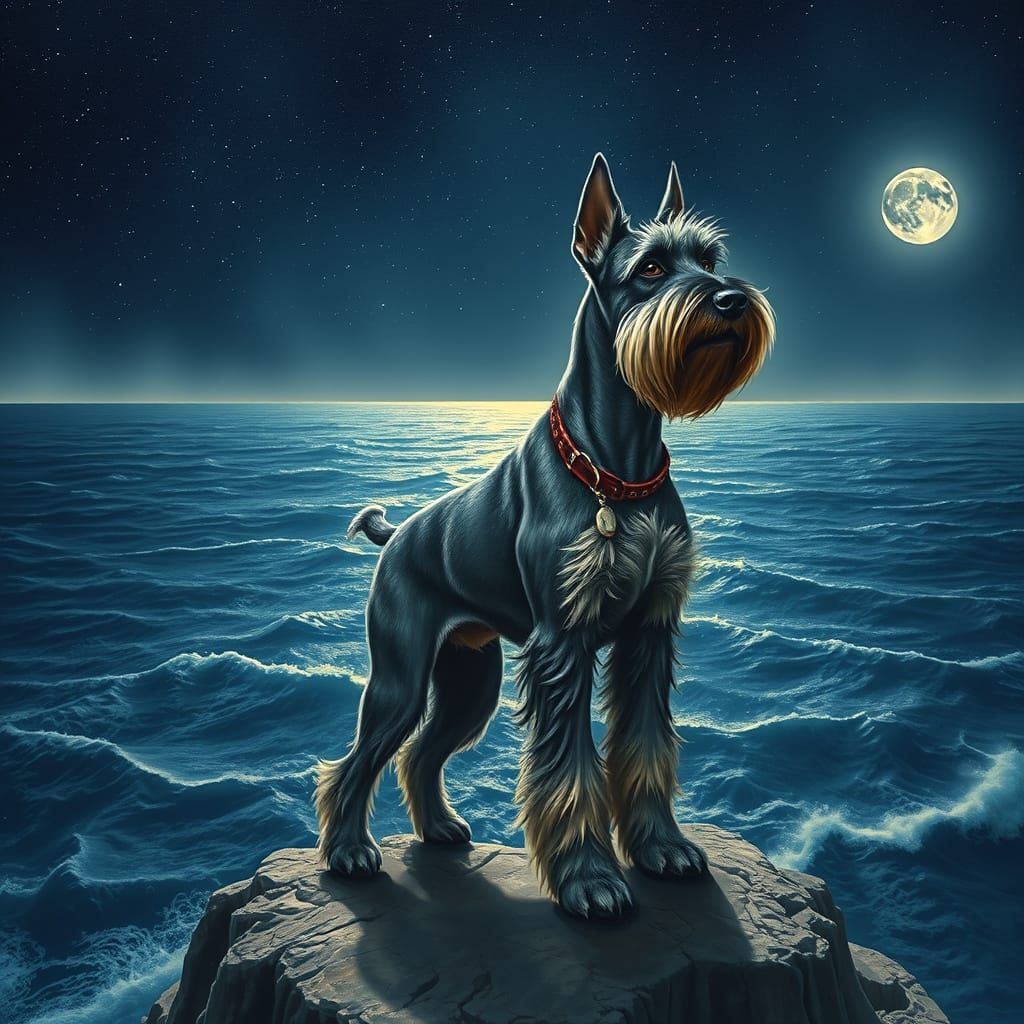 Starlit Schnauzer on Windswept Cliff in Oil Painting Style