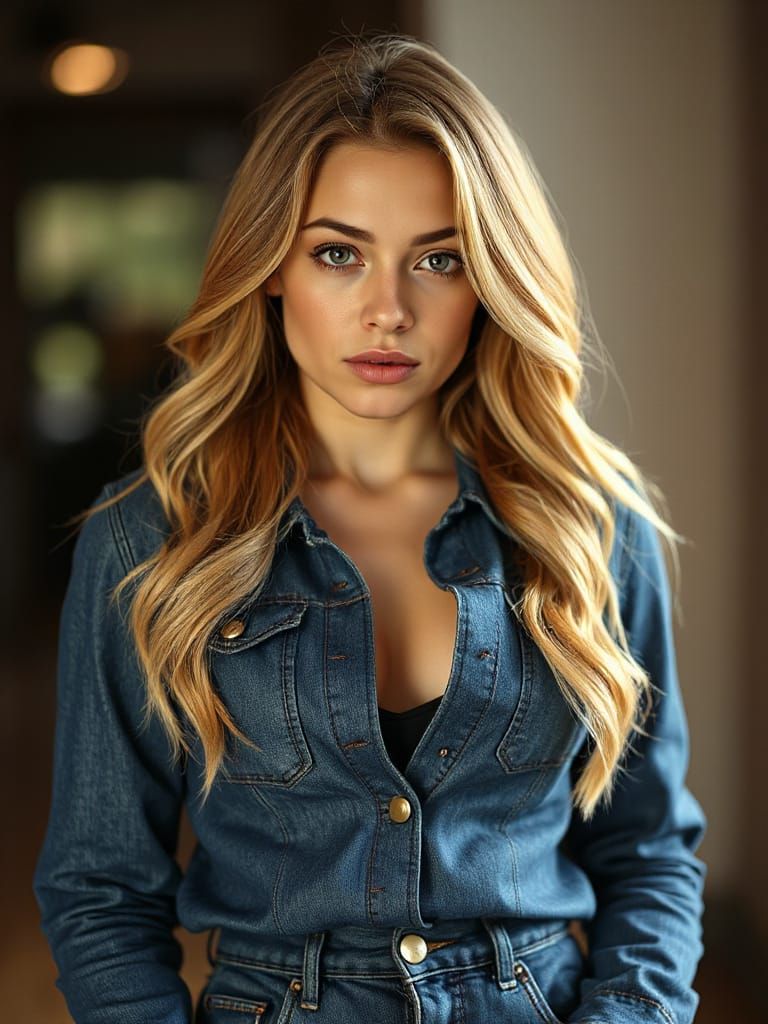 Confident Beauty in Denim Jacket and Jeans