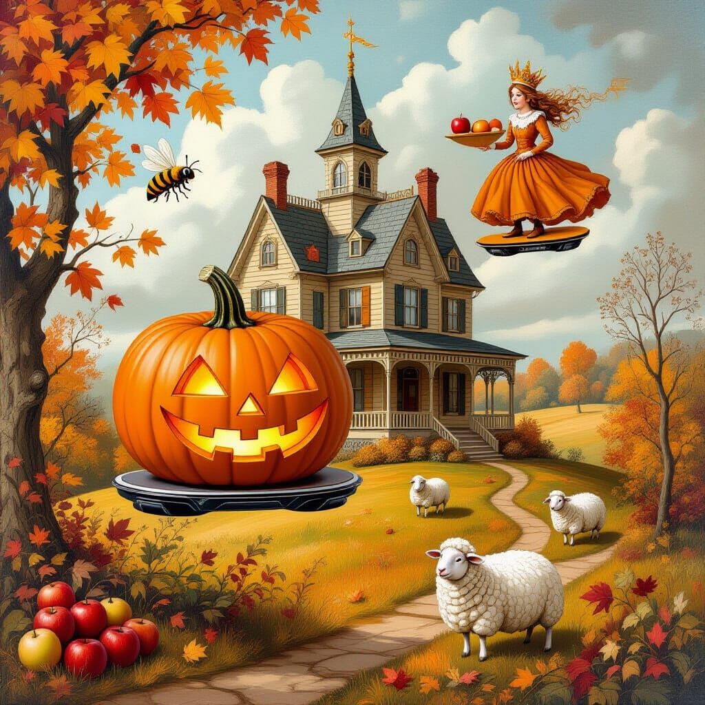 Surreal Autumn Mansion with Harvest Queen on Hoverboard