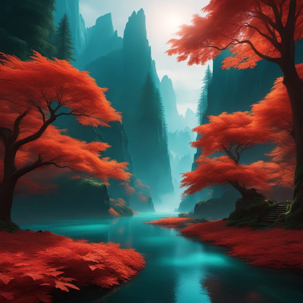 Dreamlike Foggy Red Maple Forest with Falling Leaves