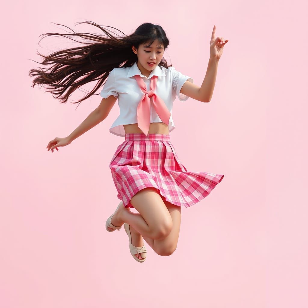 Japanese Woman Mid-Jump in Pastel Haze