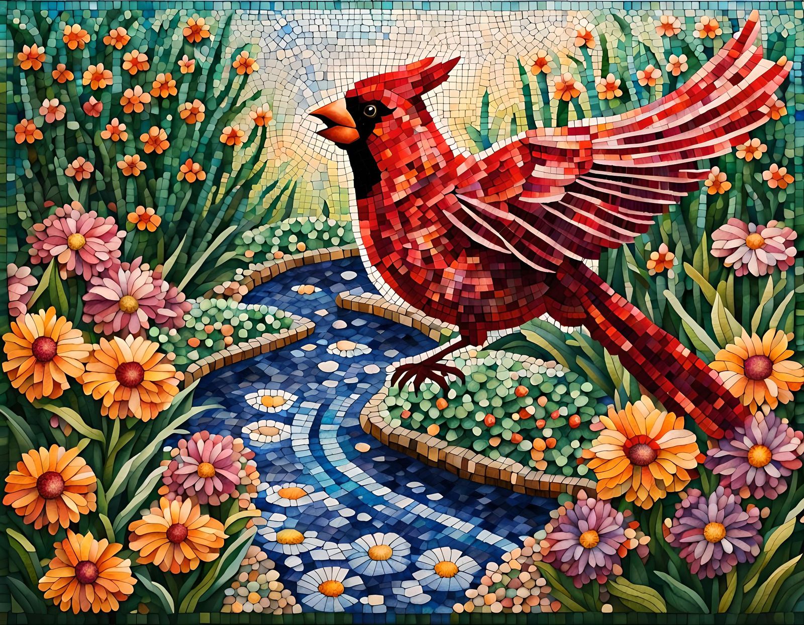 Pointillism gemstone mosaic of a cardinal bird flying over a...