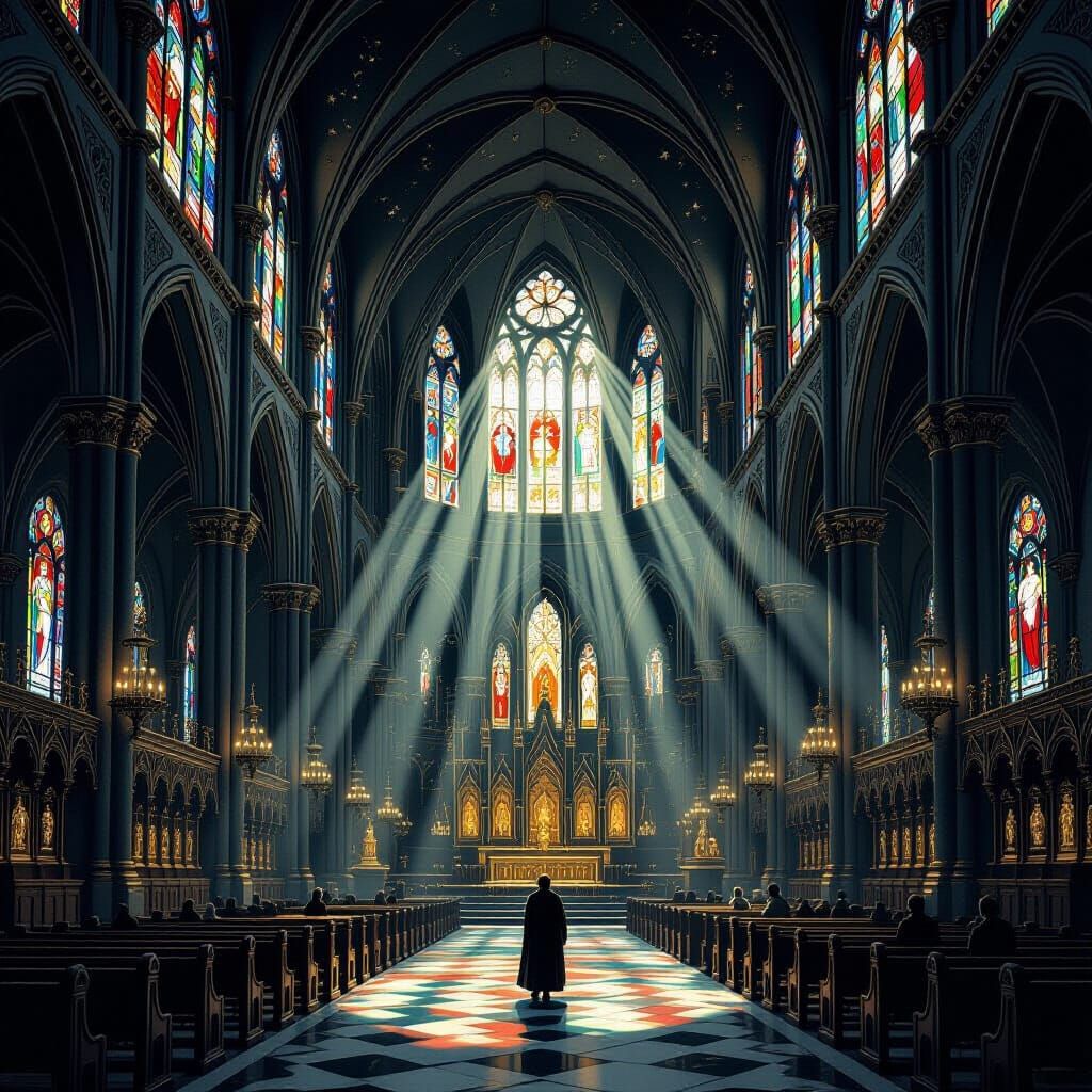 Cathedral Interior with Light Shafts in Gustave Doré Style