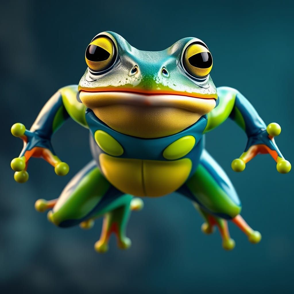 Cyberpunk Frog Superhero in Mid-Jump