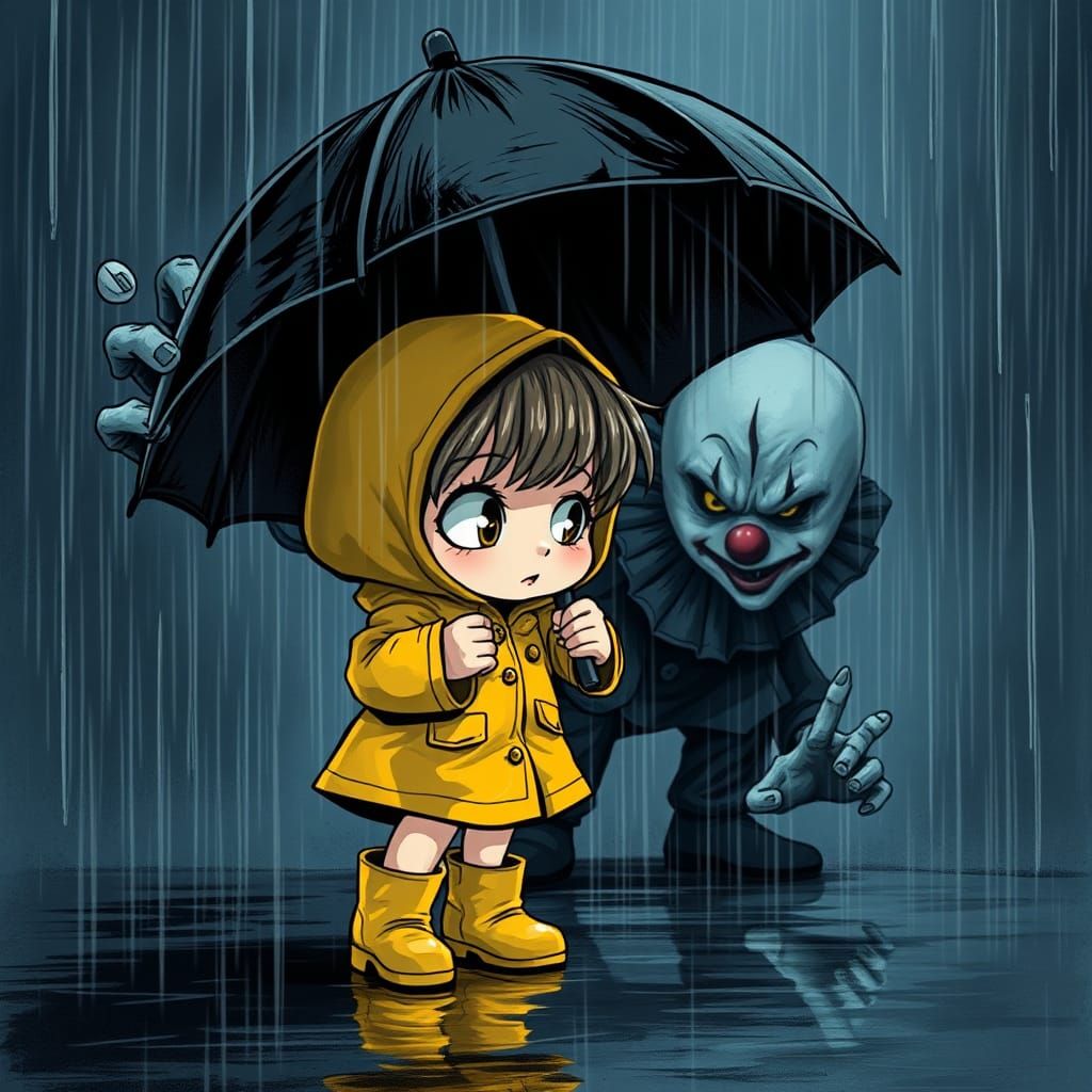 Chibi Girl's Rainy Clown Nightmare: Doré and Rutkowski Style