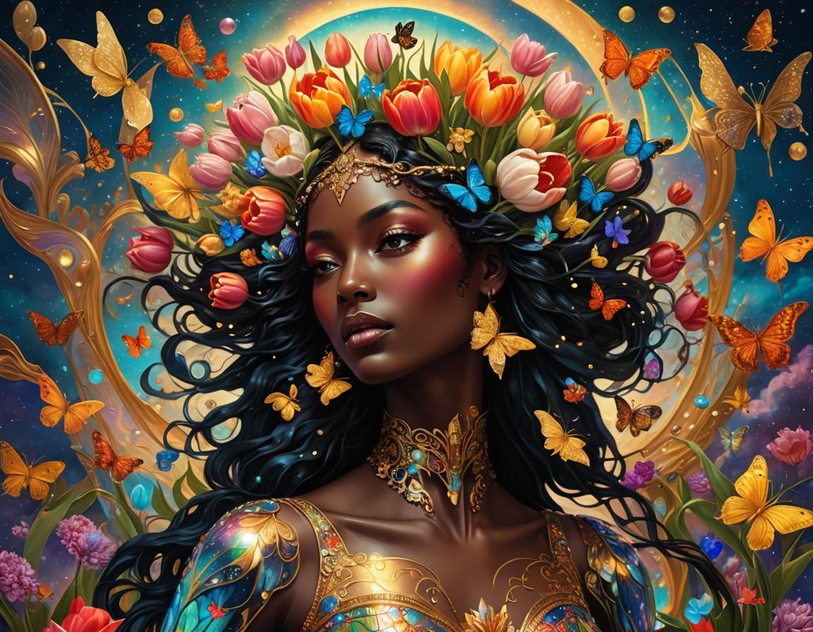 Iridescent Goddess of Tulips in Klimt Style
