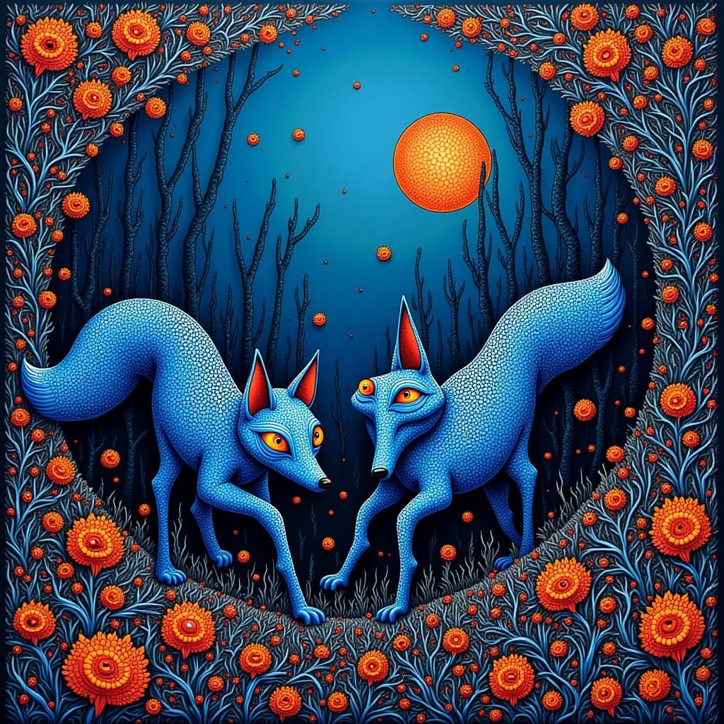 Electric Blue Foxes in Iridescent Forest