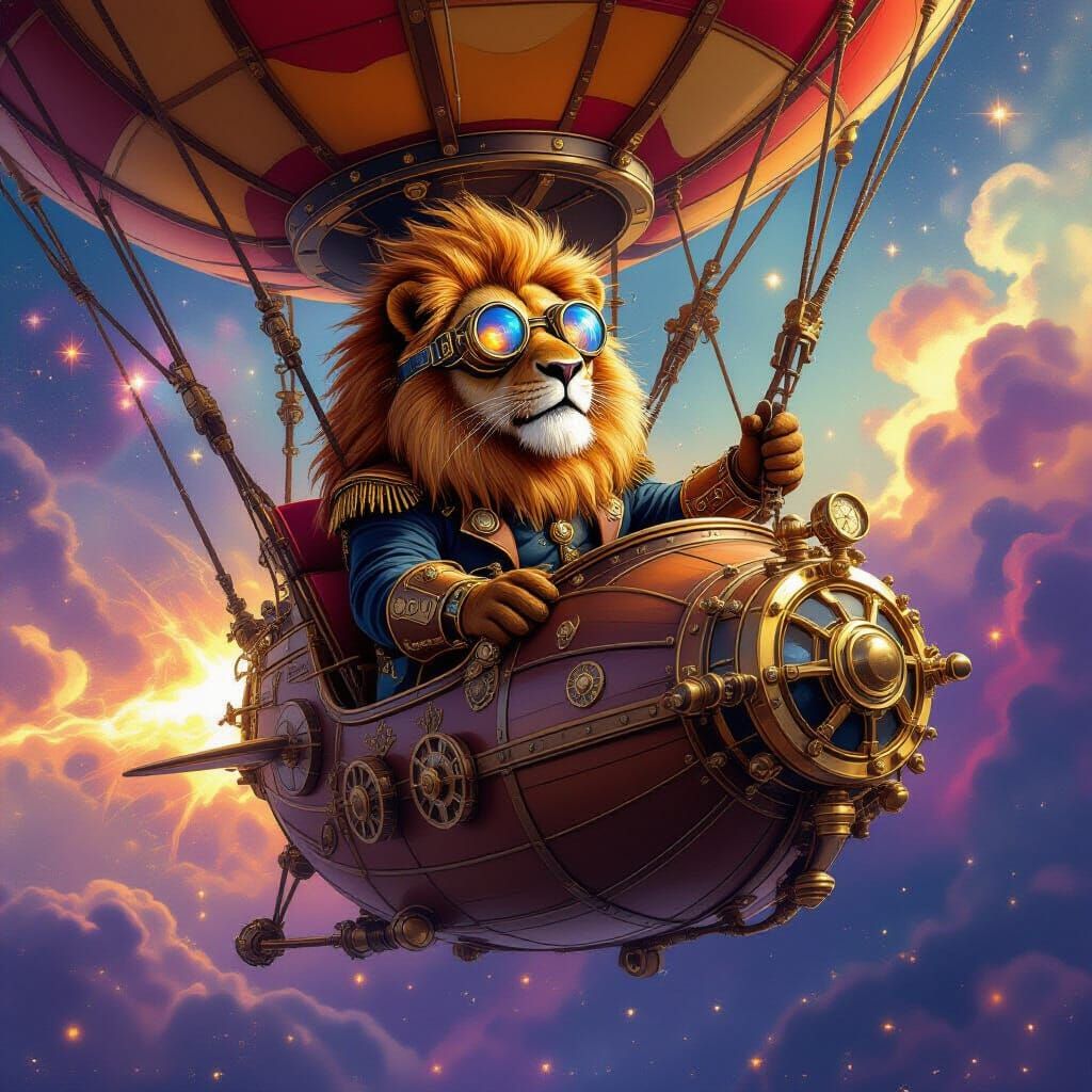 Steampunk Lion Airship Pilot in Nebula