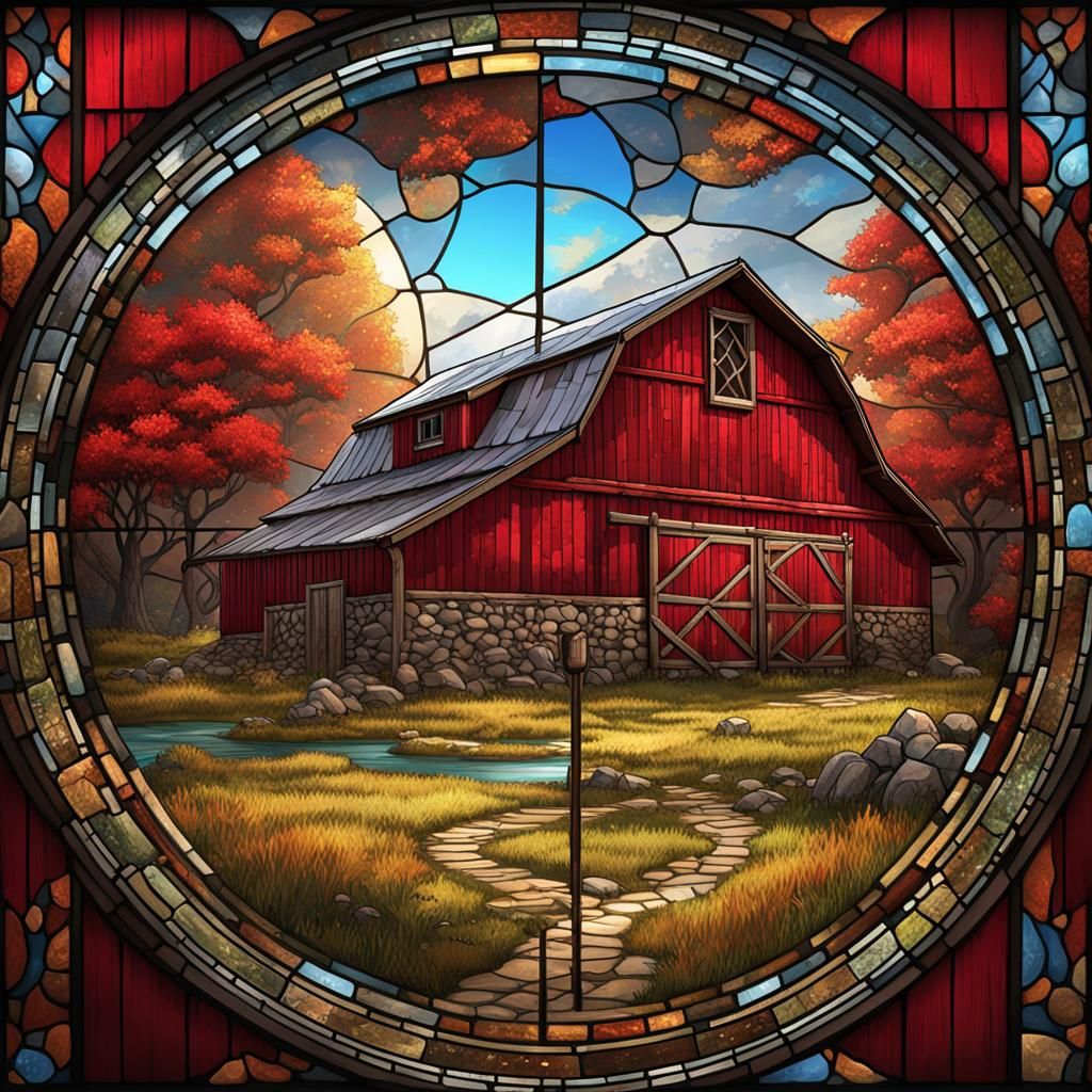 Red Barn Stained Glass in Digital Fantasy Style