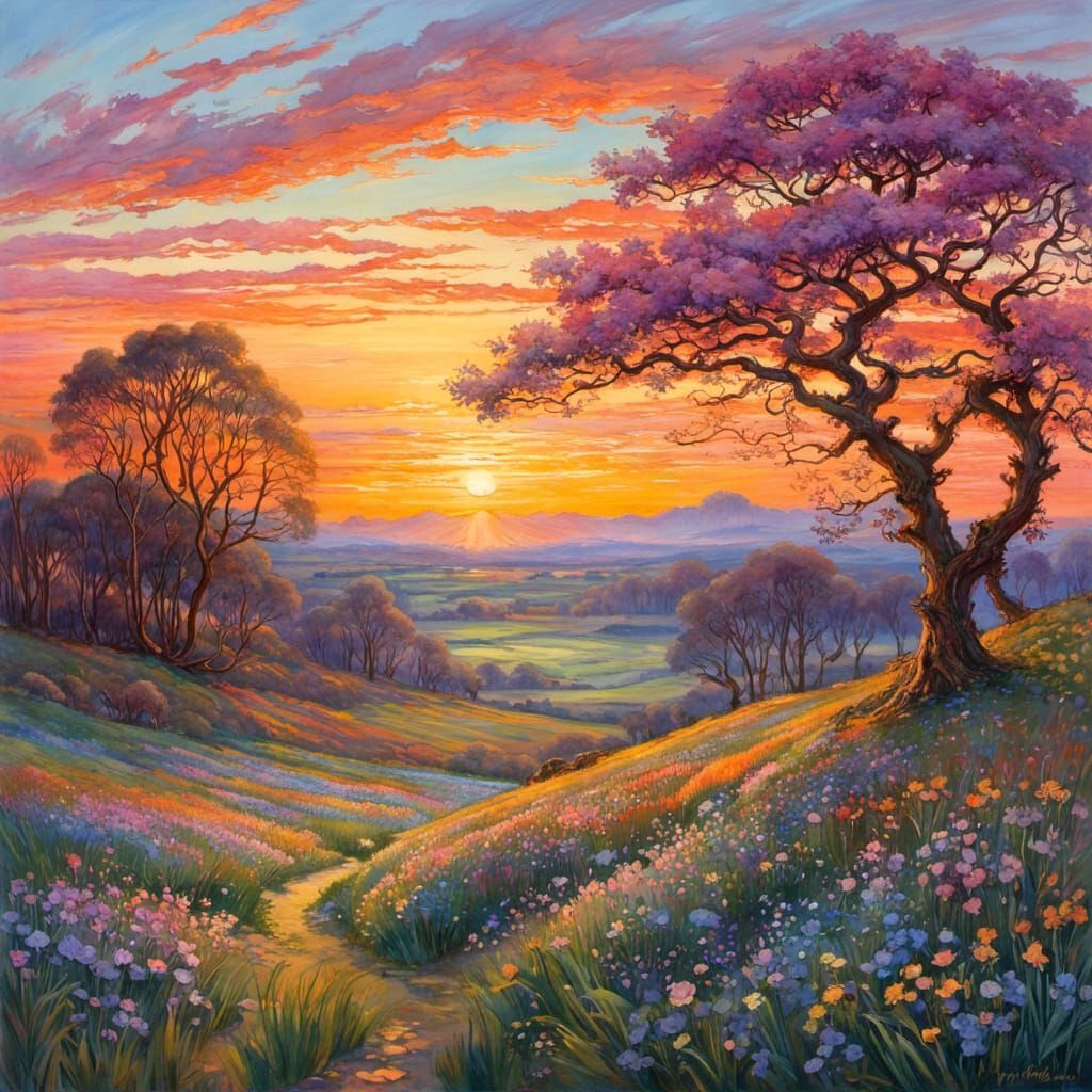 Sunset over a spring landscape