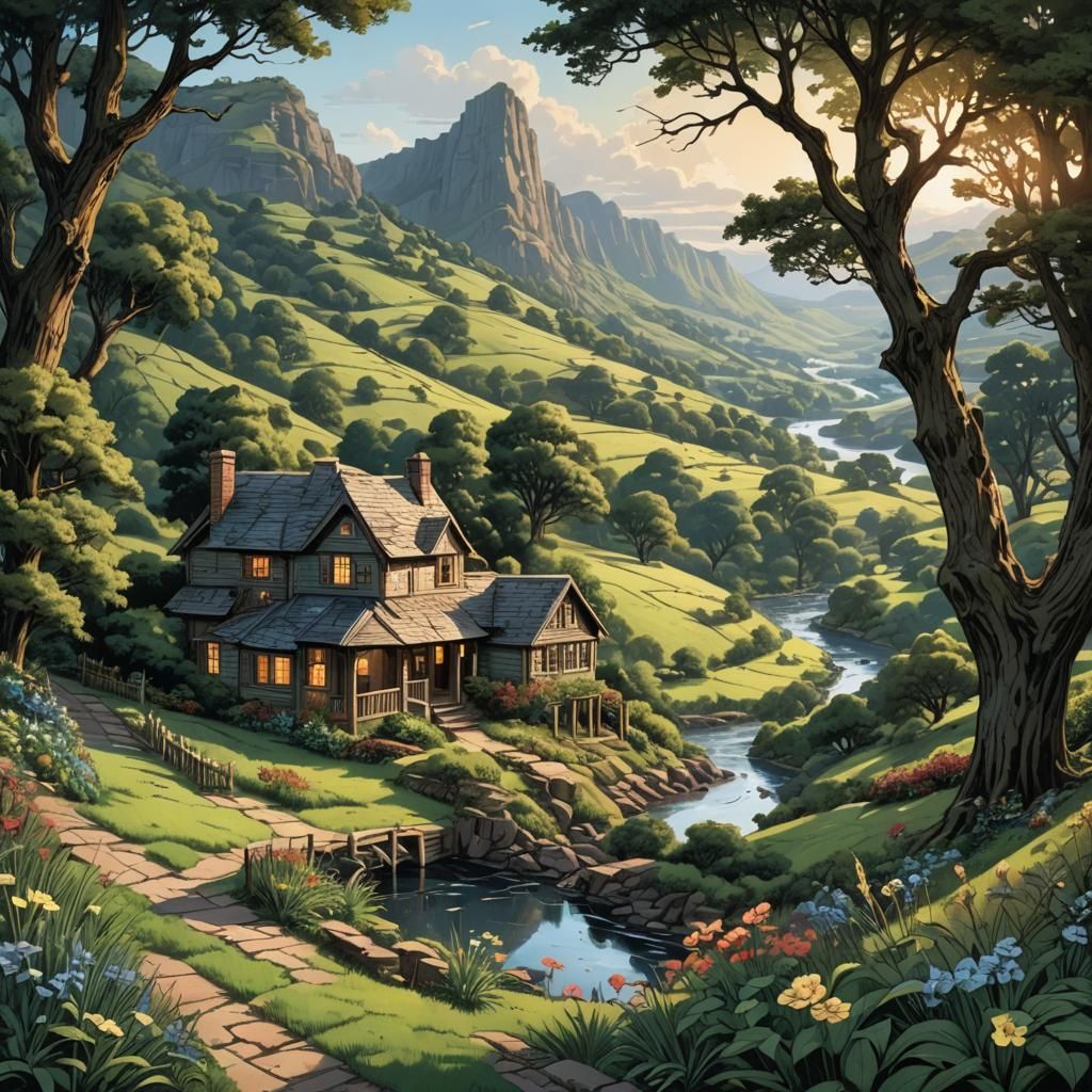 Idyllic House on Northern Hill in Comic Book Style
