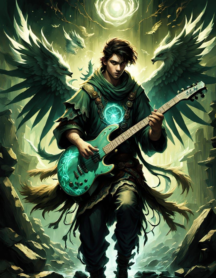 Teenage Nephalem Boy with Wolf Ears Plays Guitar