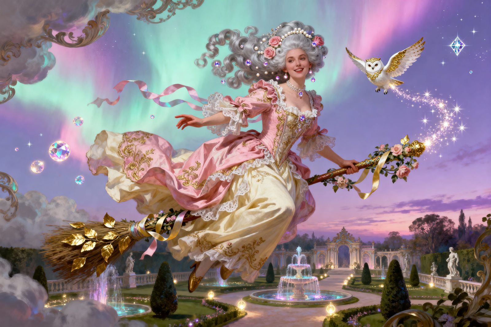 Witch Flying Through Aurora Borealis Above Rococo Garden