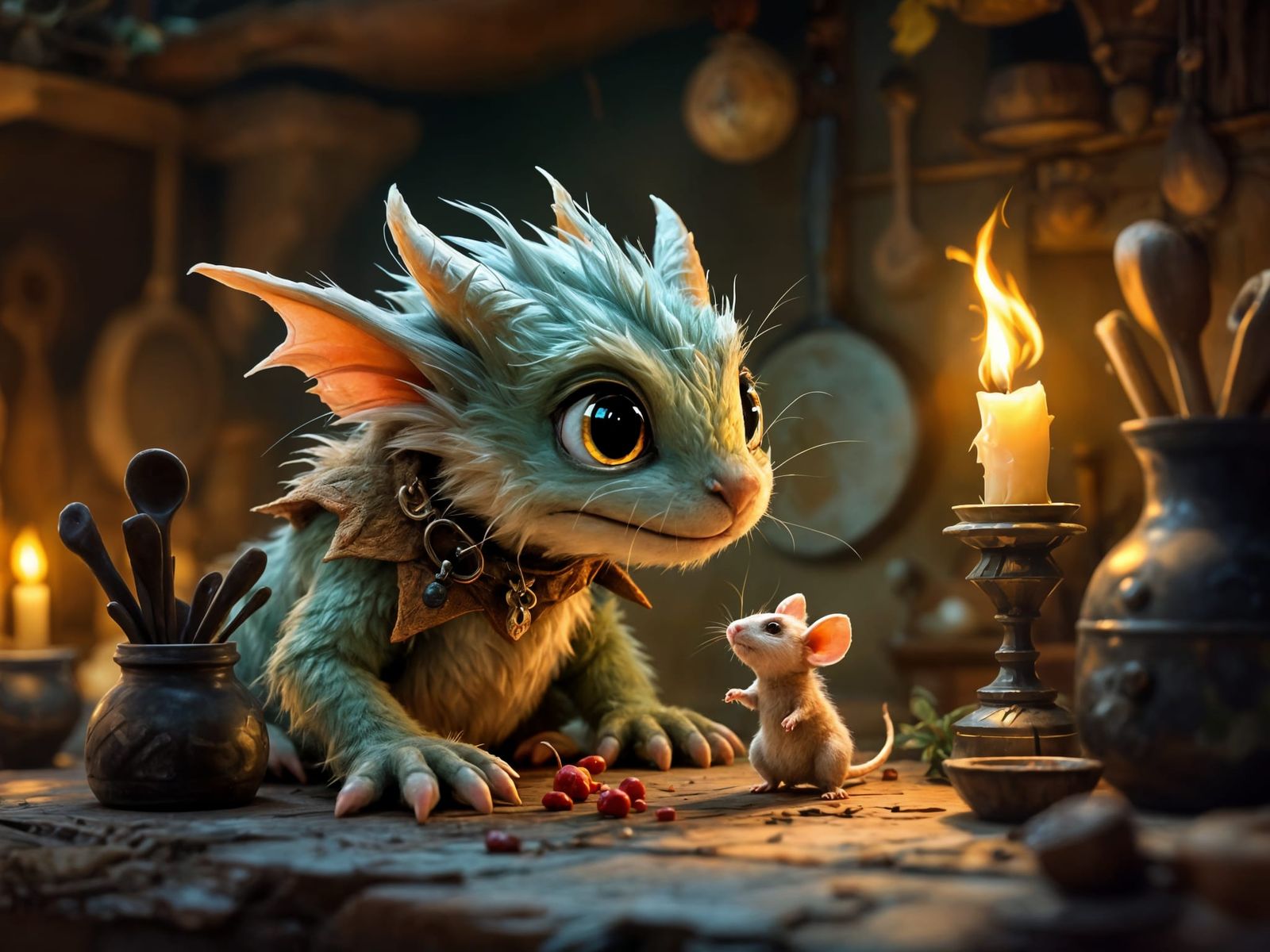 Whimsical Kitchen Dragon Pounces on Rodent in Warm Candlelig...