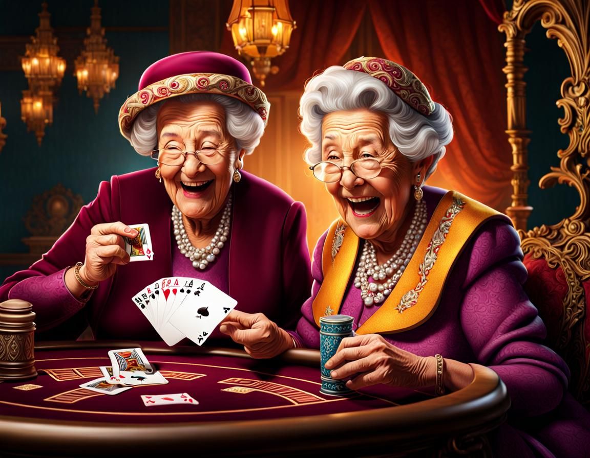 Two Old Ladies Laughing Playing Cards