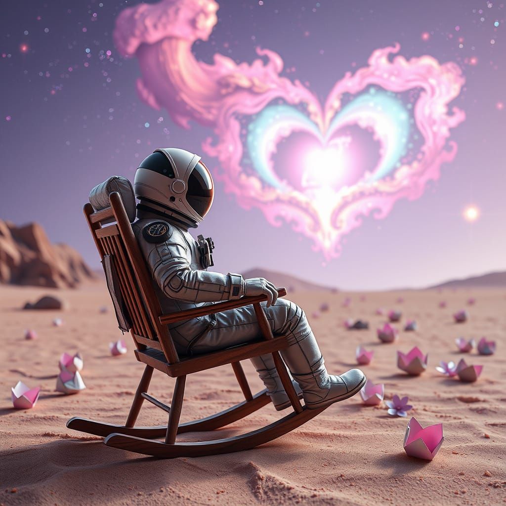 Astronaut Gazing at Nebula with Origami Flowers in Synthwave...