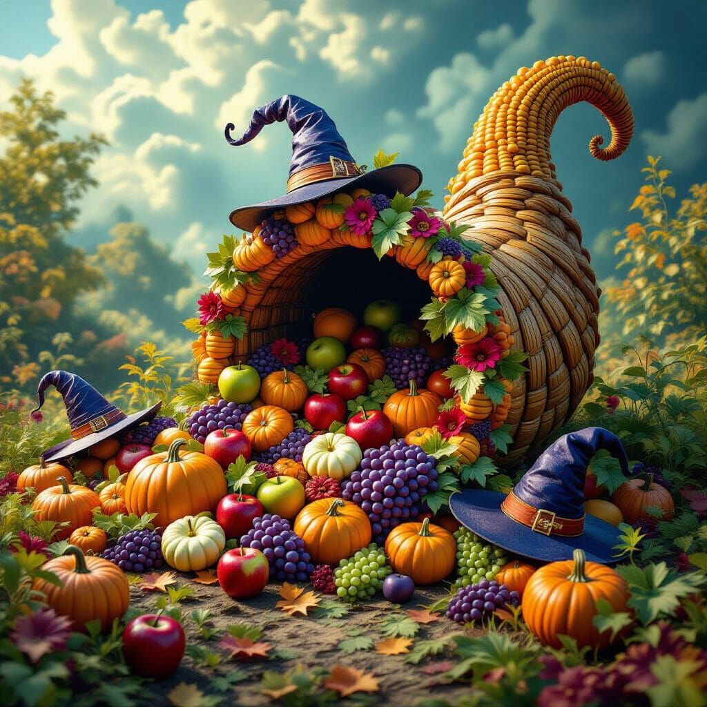 Surreal Cornucopia Overflowing with Harvest and Witch Hats