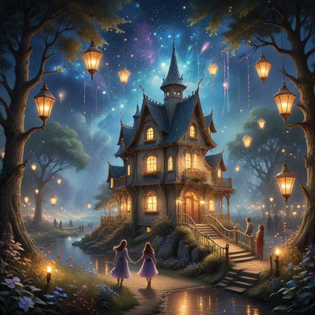 Starry Night Celebration in Whimsical Dreamlike Style