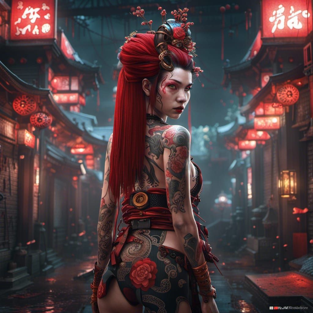 Cyberpunk Goth Geisha Warrior with Red Dreadlocks