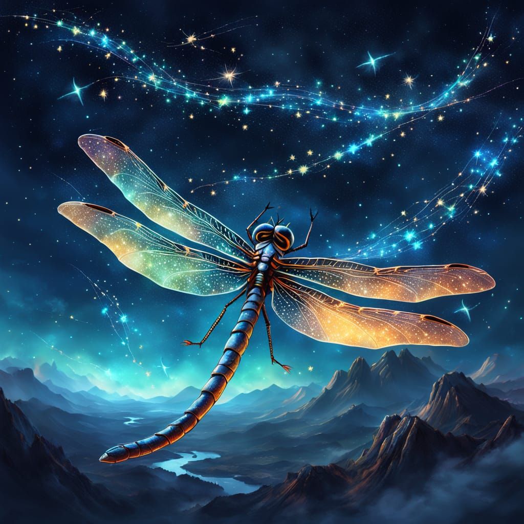 Dragonfly in Starry Night Sky: Fantasy Art