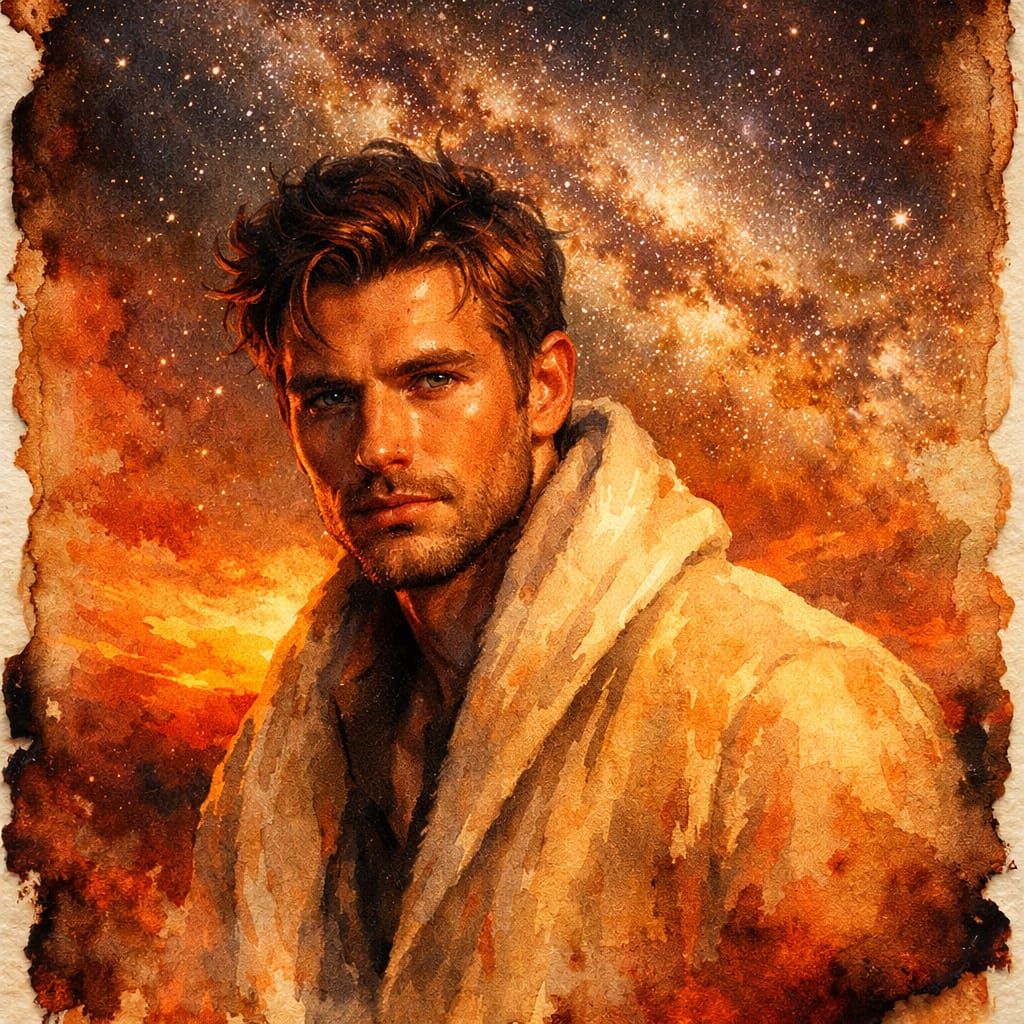Emotional Male Portrait Under Milky Way Sky in Watercolour