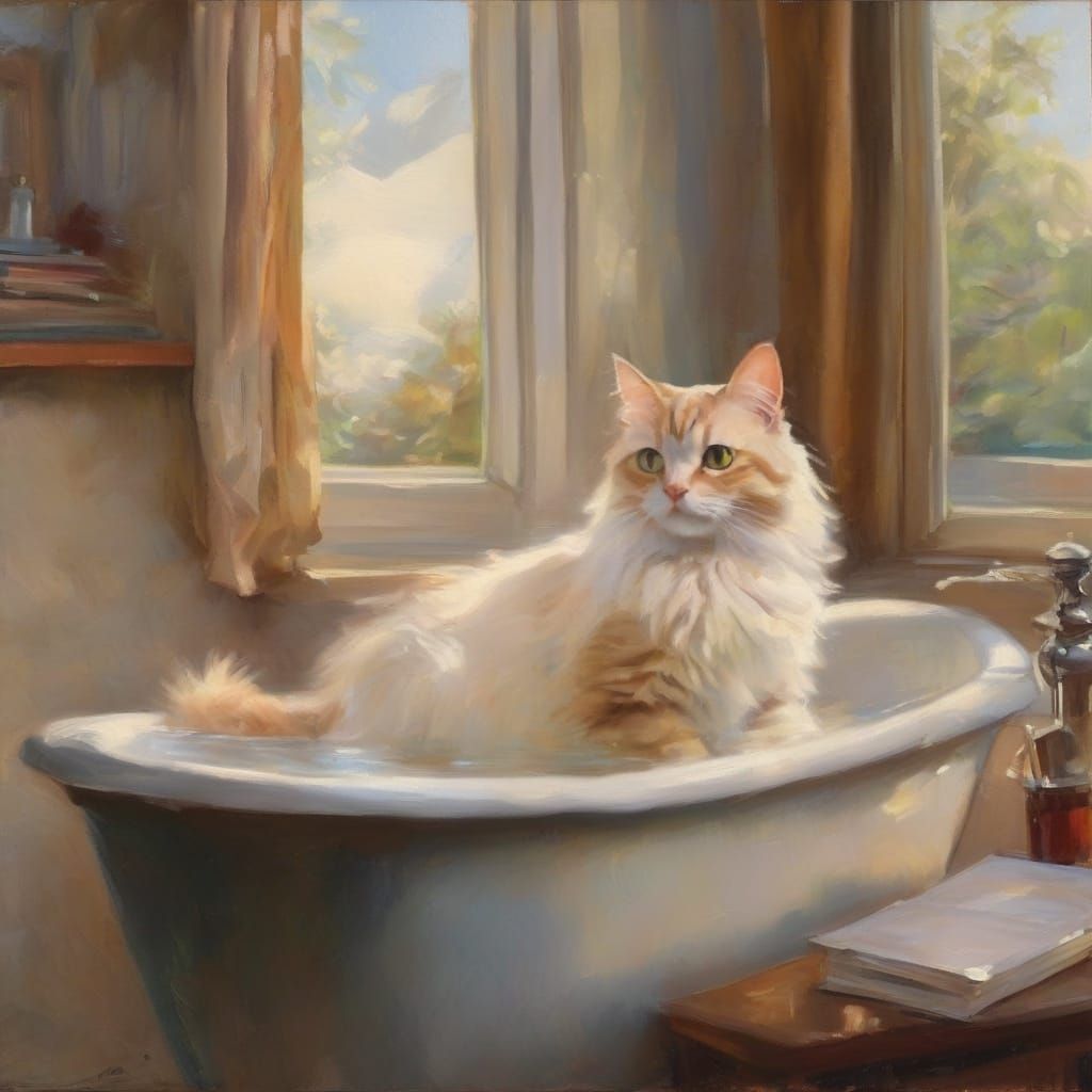 Cat Enjoys a Bath in Serene Landscape Oil Painting