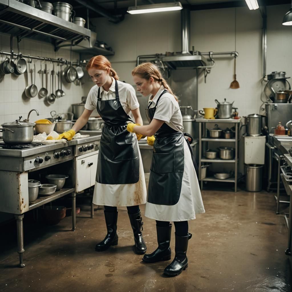 Hyperrealistic Film Still: Freckled Women in Industrial Kitc...