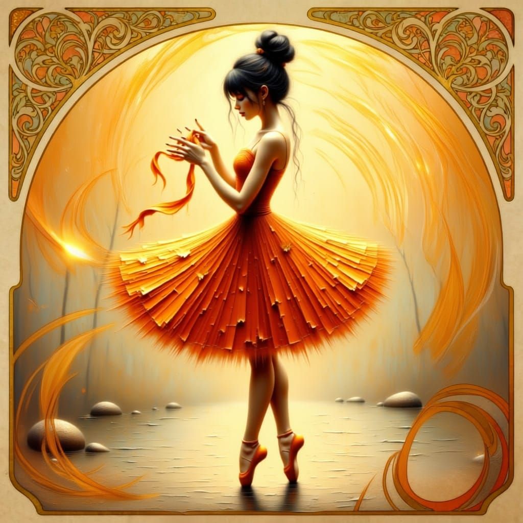 The dancer with the leaf golden swirl background