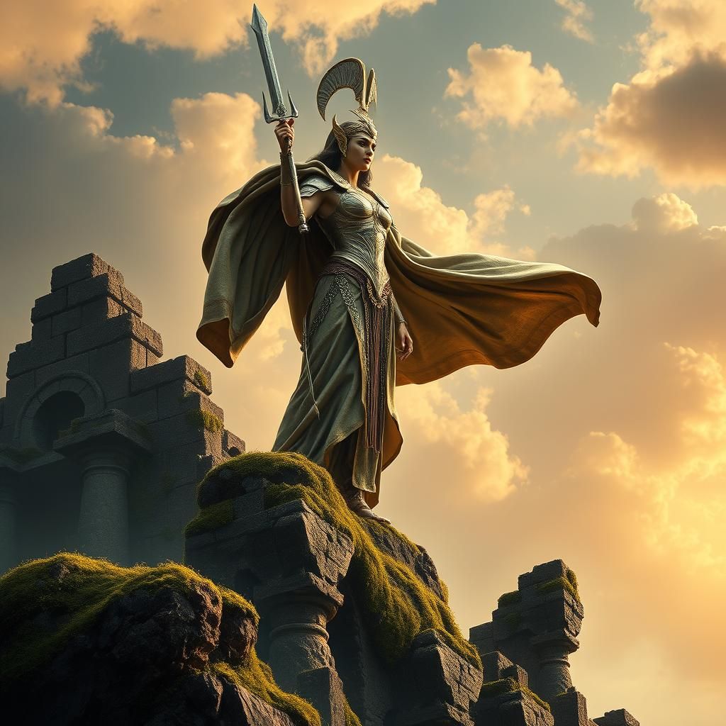 Victorious Armored Goddess on Ancient Ruins